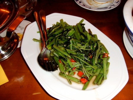 water spinach with fresh chili peppers